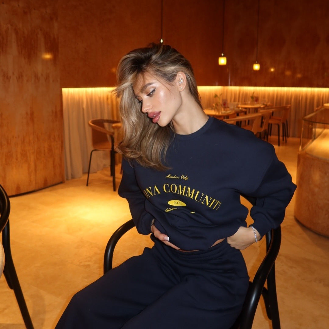 Casual Retro Sweater Suit Street Letters Printed Loose Round Neck Two-piece Set