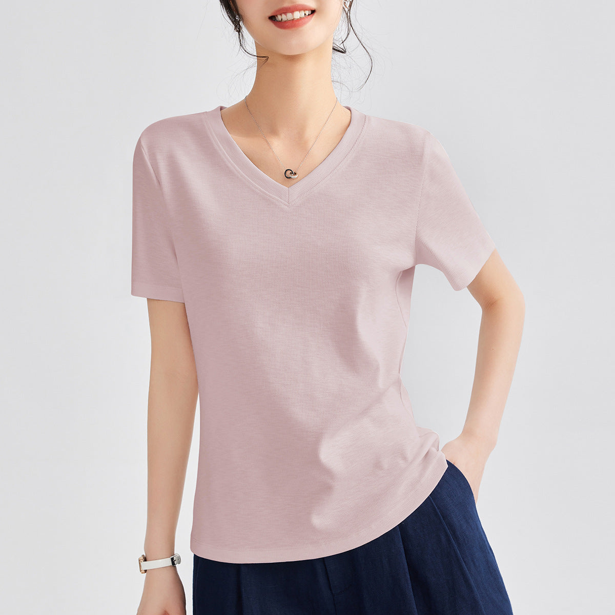 Women's Round Neck Pure Color All-matching Heavy Bamboo Snowflake Cotton T-shirt