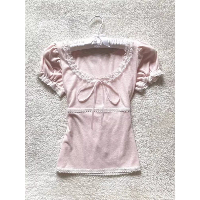 French Retro Lace Stitching Bow Top For Women