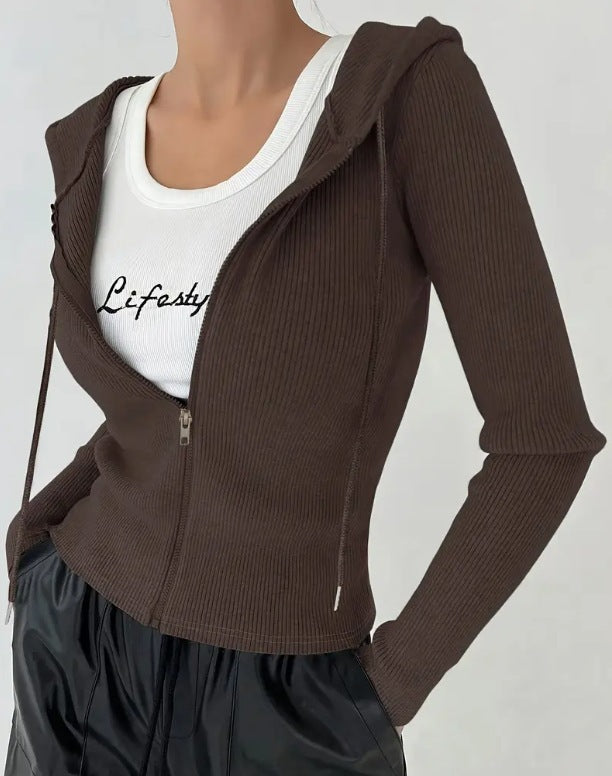 Women's Clothing Slim-fit Zipper Hooded Jacket Coat