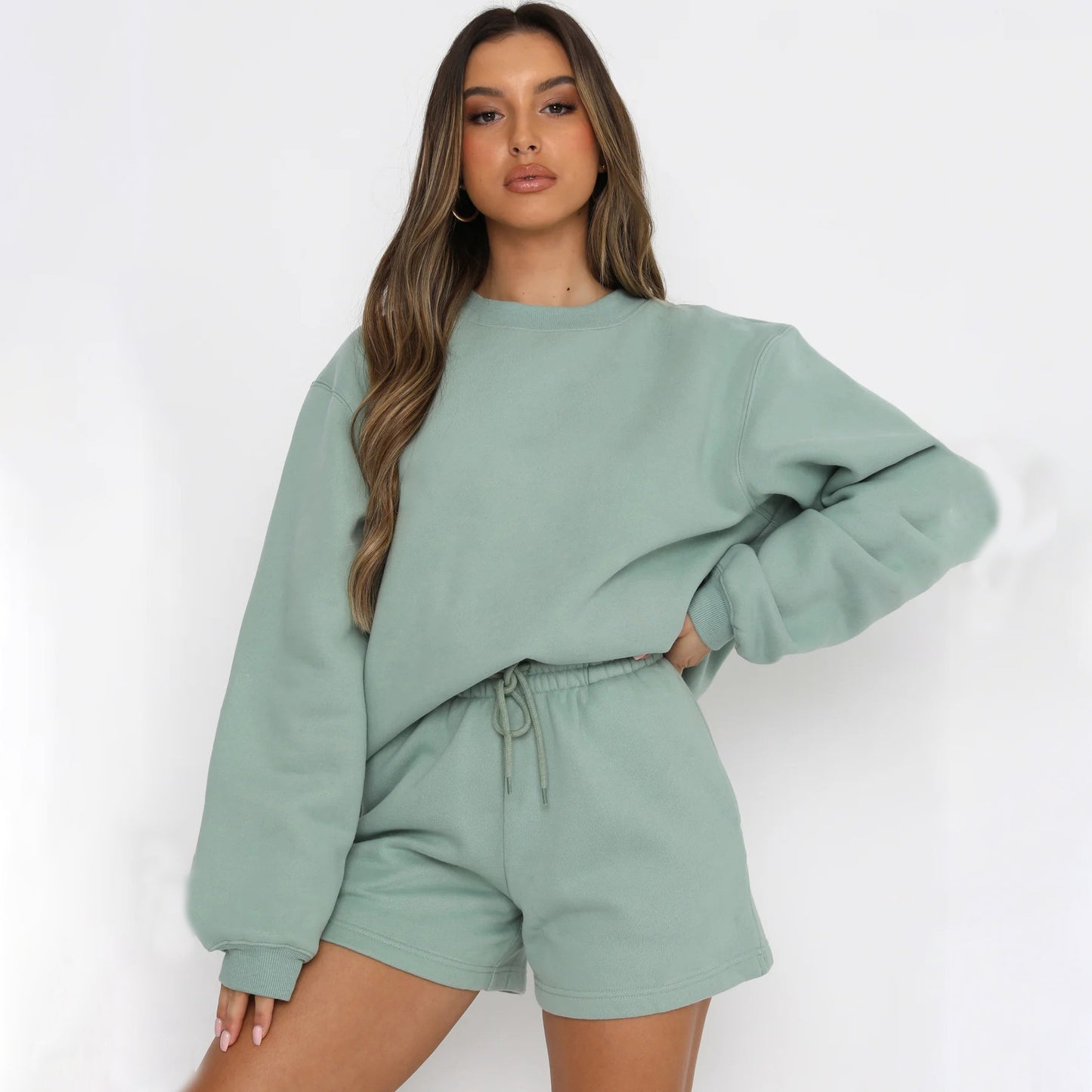 Long Sleeve Shorts Sweater Suit Solid Color Fashion Casual