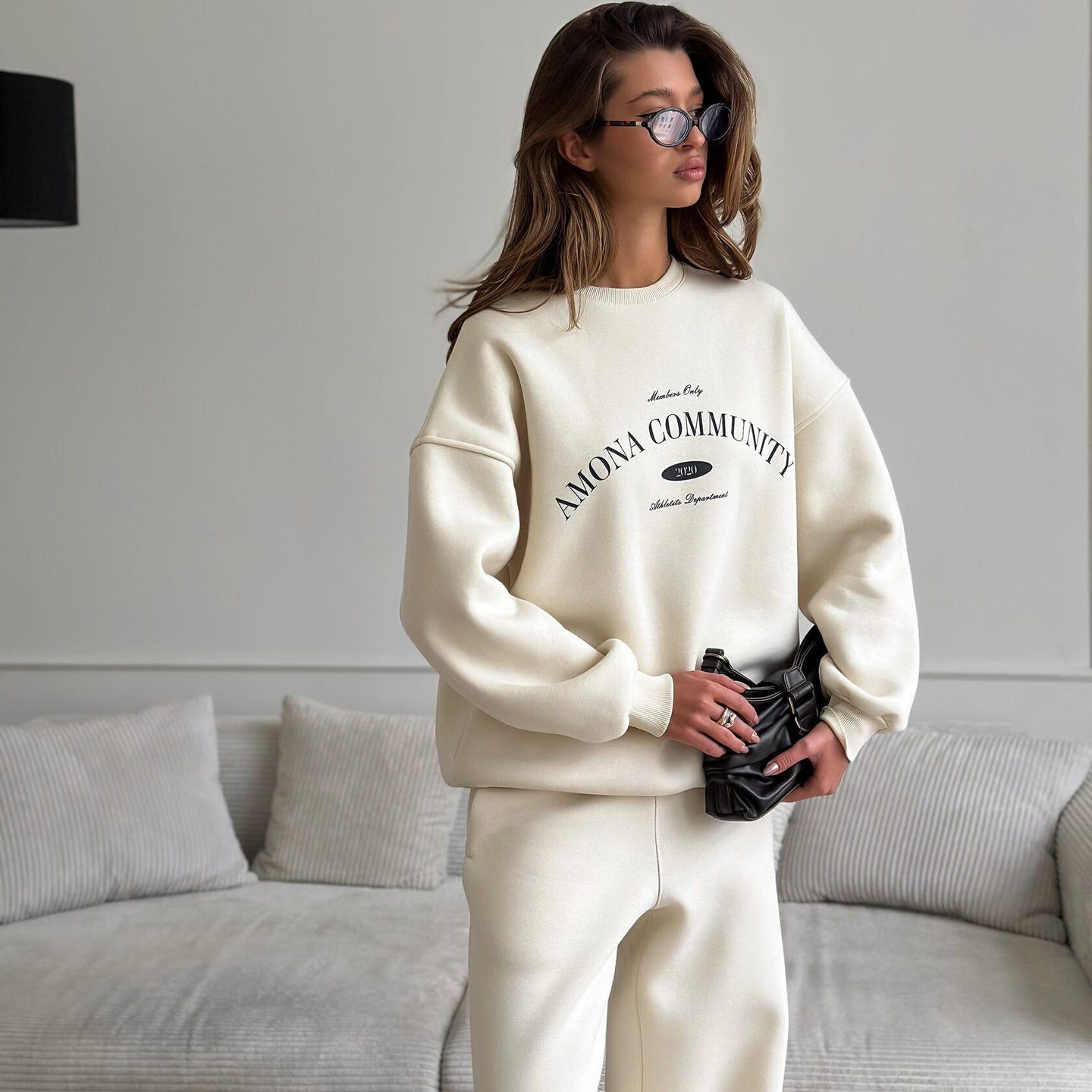 Casual Retro Sweater Suit Street Letters Printed Loose Round Neck Two-piece Set