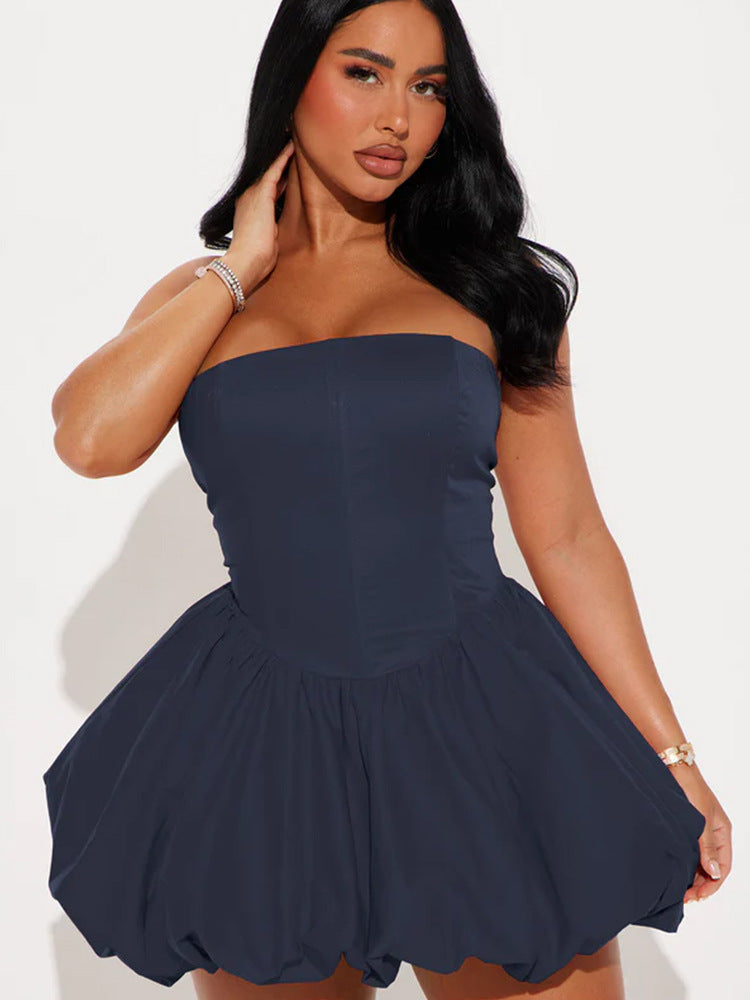 French Style Pure Design Sense Tube Top Cinched Waist Skirt