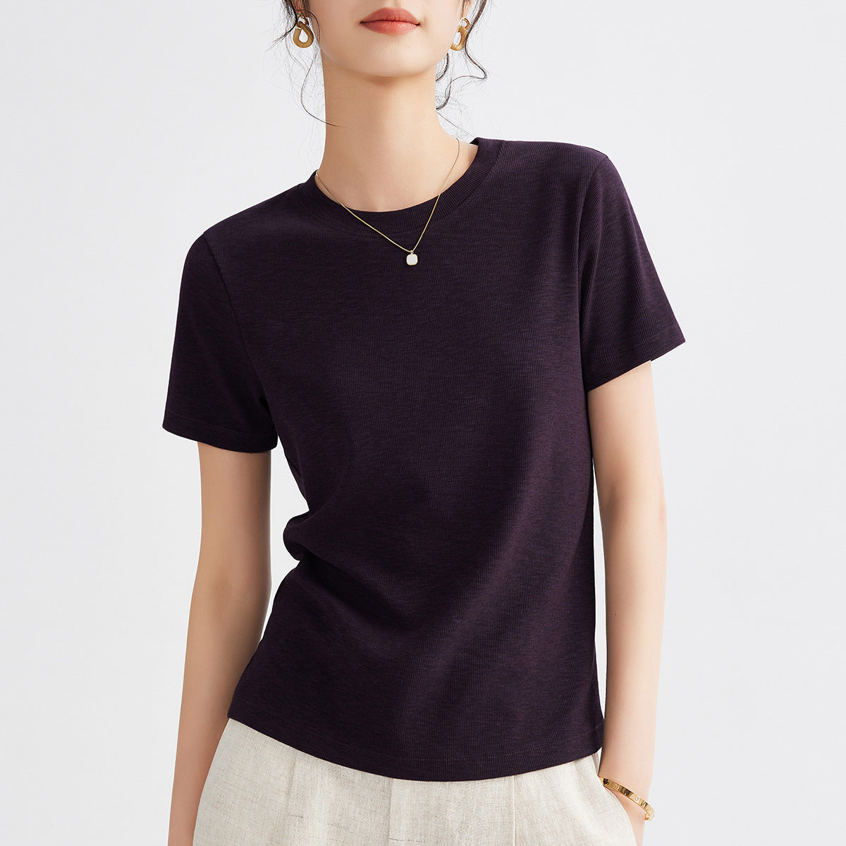 Women's Round Neck Pure Color All-matching Heavy Bamboo Snowflake Cotton T-shirt