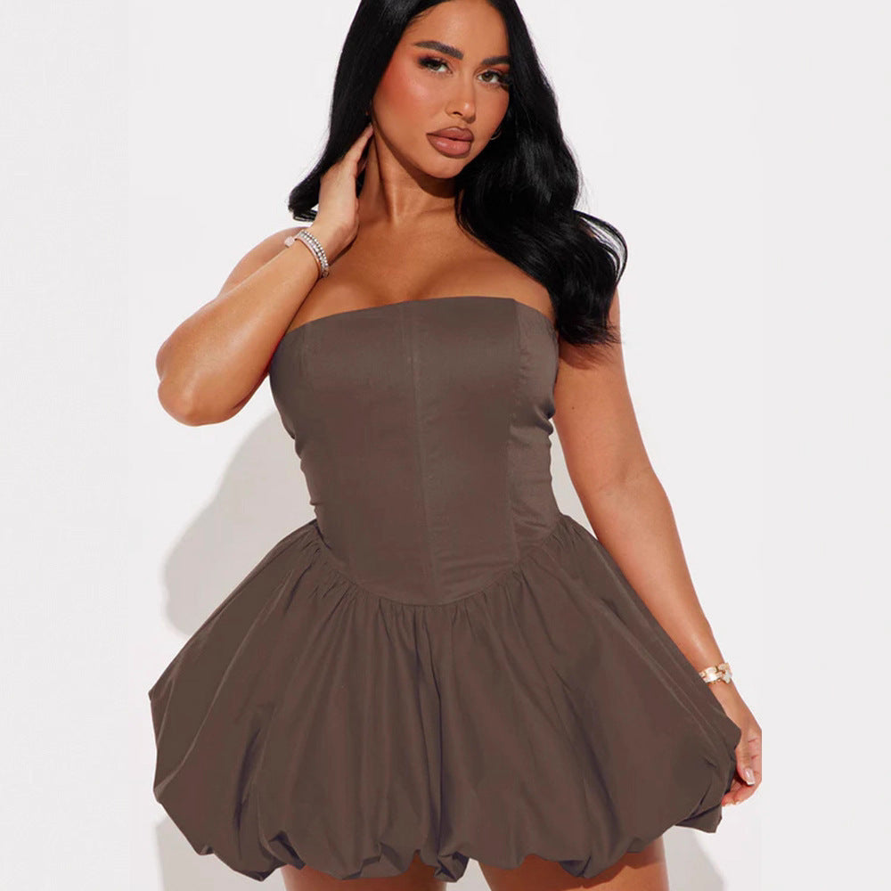 French Style Pure Design Sense Tube Top Cinched Waist Skirt