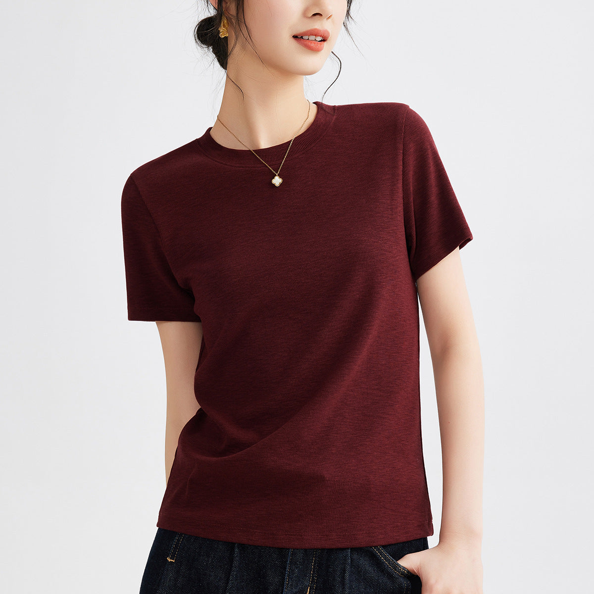 Women's Round Neck Pure Color All-matching Heavy Bamboo Snowflake Cotton T-shirt
