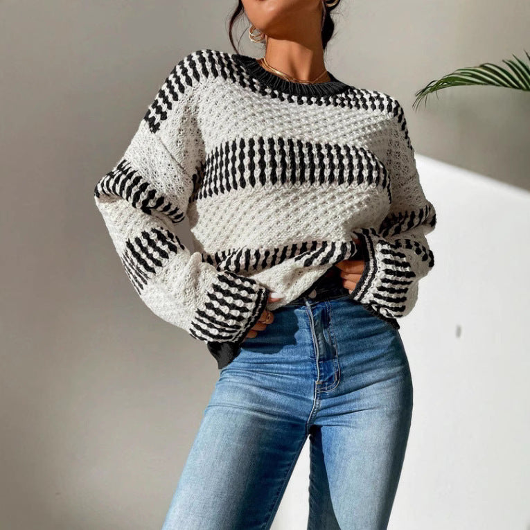 Contrast Color Drop Shoulder Round Neck Loose Casual Long Sleeves Sweater