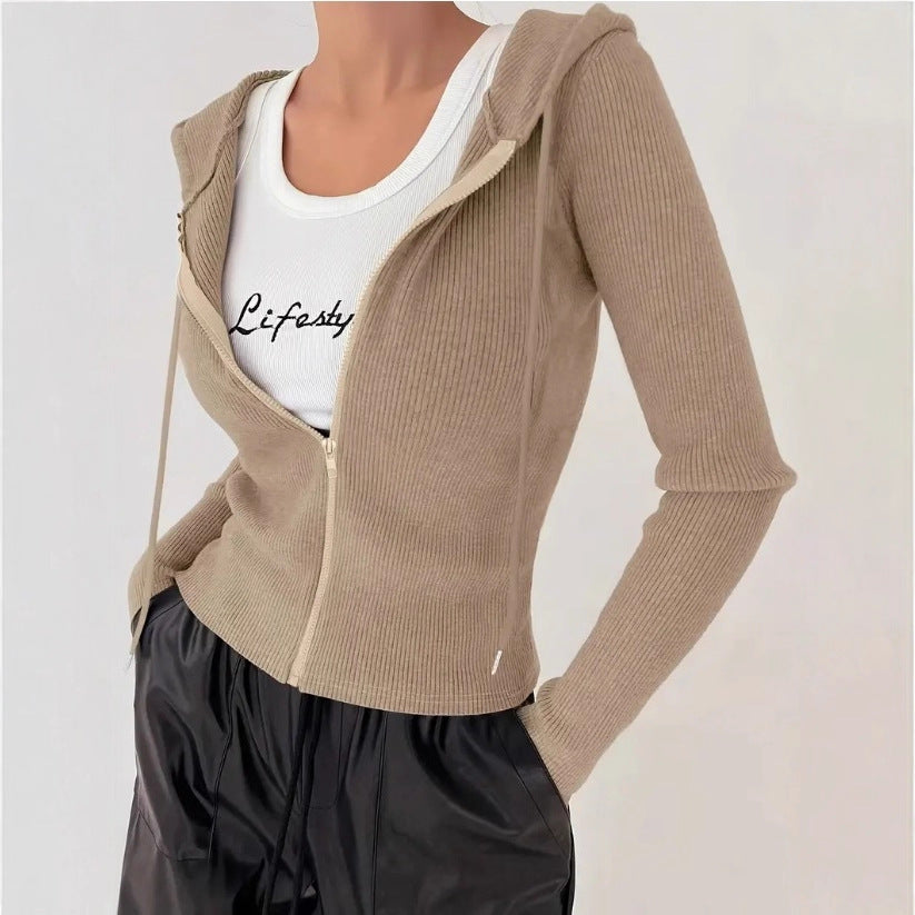 Women's Clothing Slim-fit Zipper Hooded Jacket Coat