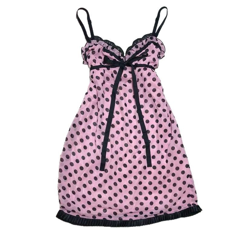 Graceful And Fashionable Dot Sexy Bow Tied Spaghetti-strap Dress For Women