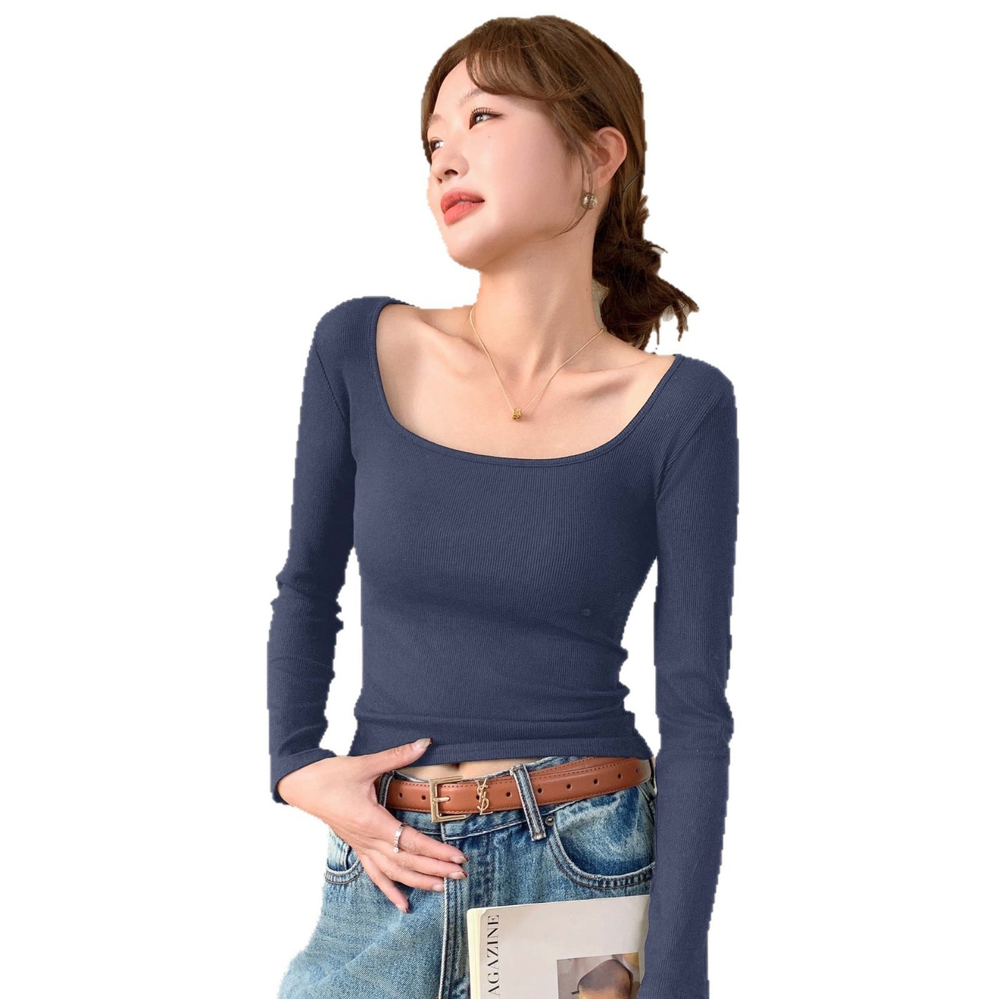 Women's Thread Big U-neck Long-sleeved Top Spring