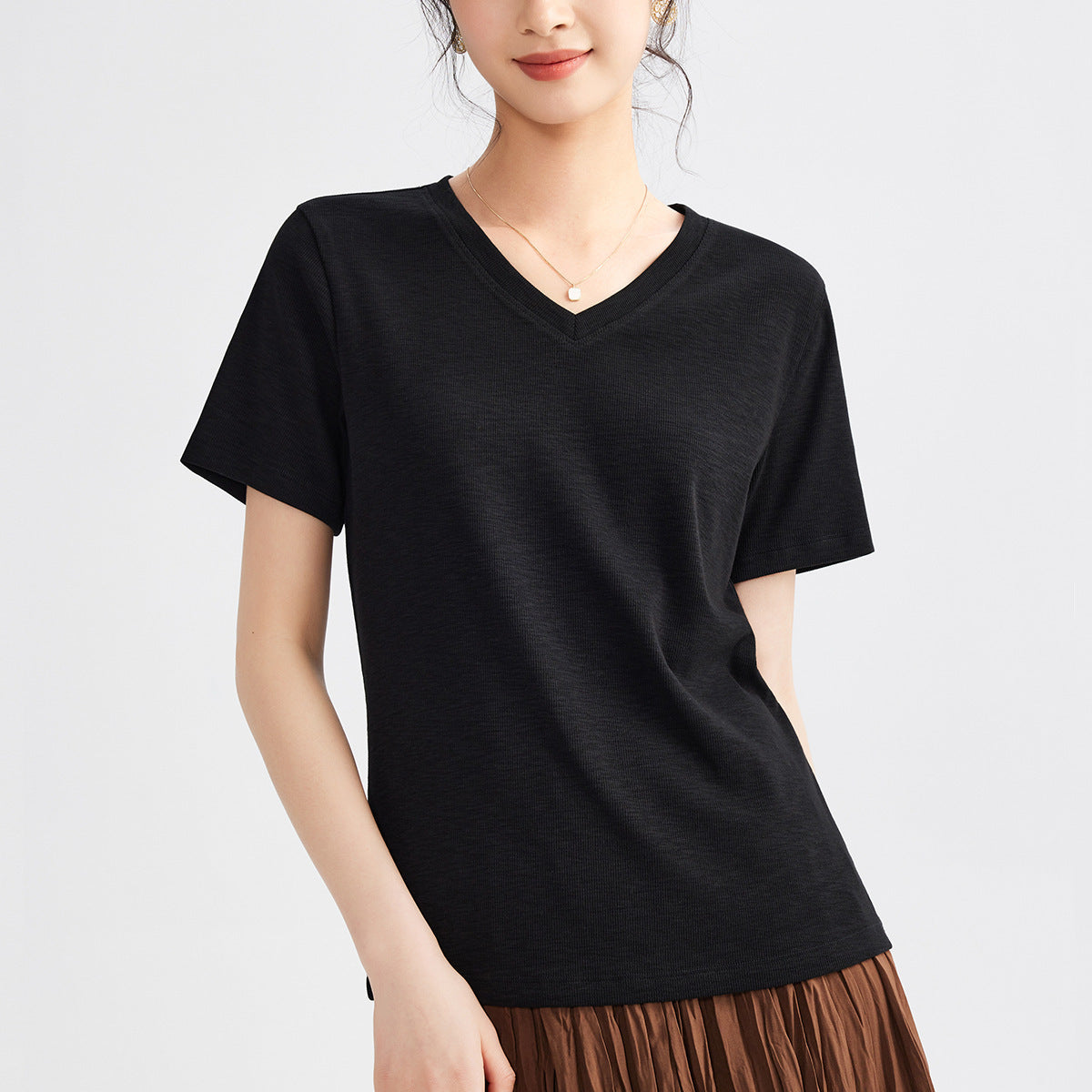Women's Round Neck Pure Color All-matching Heavy Bamboo Snowflake Cotton T-shirt