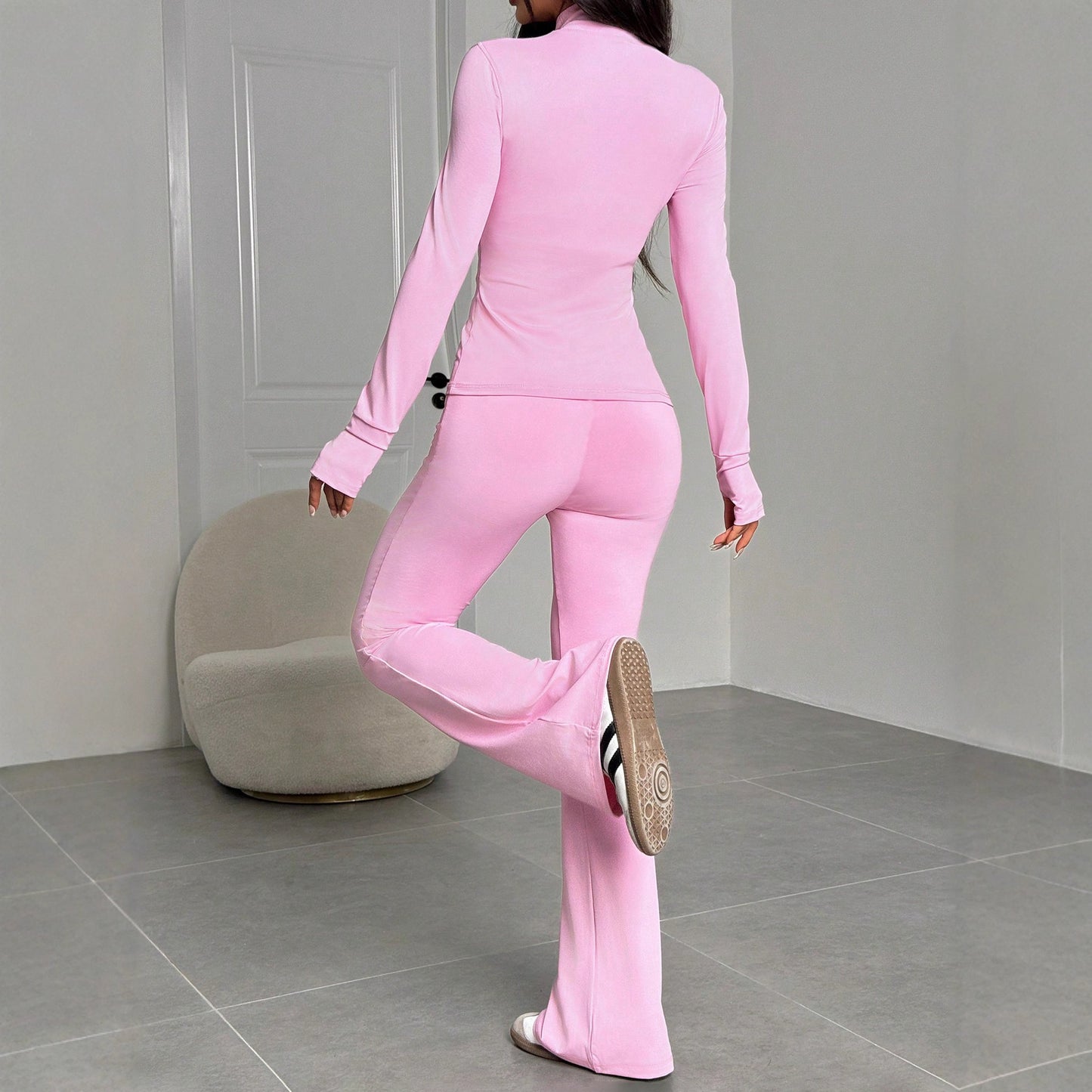 Women's Stand Collar Zipper Solid Color Long-sleeved Top And Trousers Suit