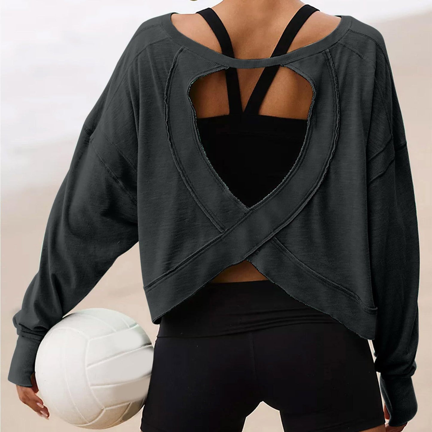 Women's Loose Long-sleeved Backless Top Hollow-out Short Round Neck T-shirt