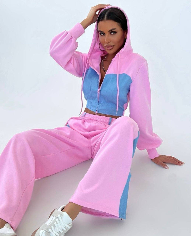 Fashion Casual Sweater Suit Denim Stitching Hooded Top And Trousers Women's Clothing