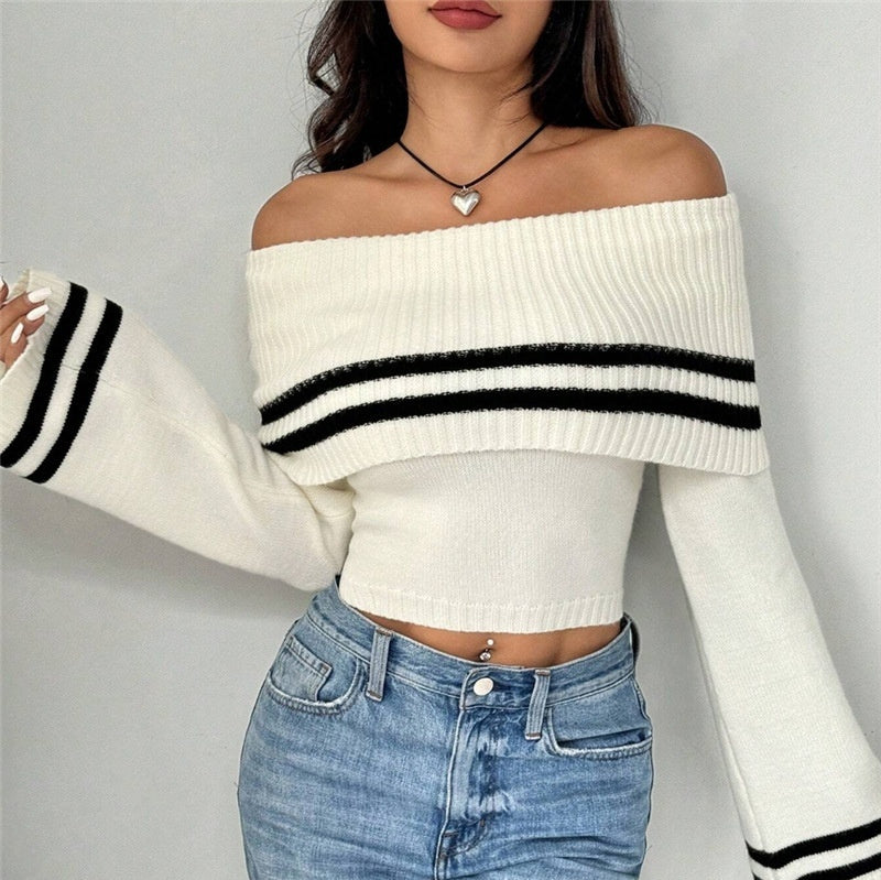 Women's Off-shoulder Midriff-baring Sweater Knitted Bell Sleeve Top