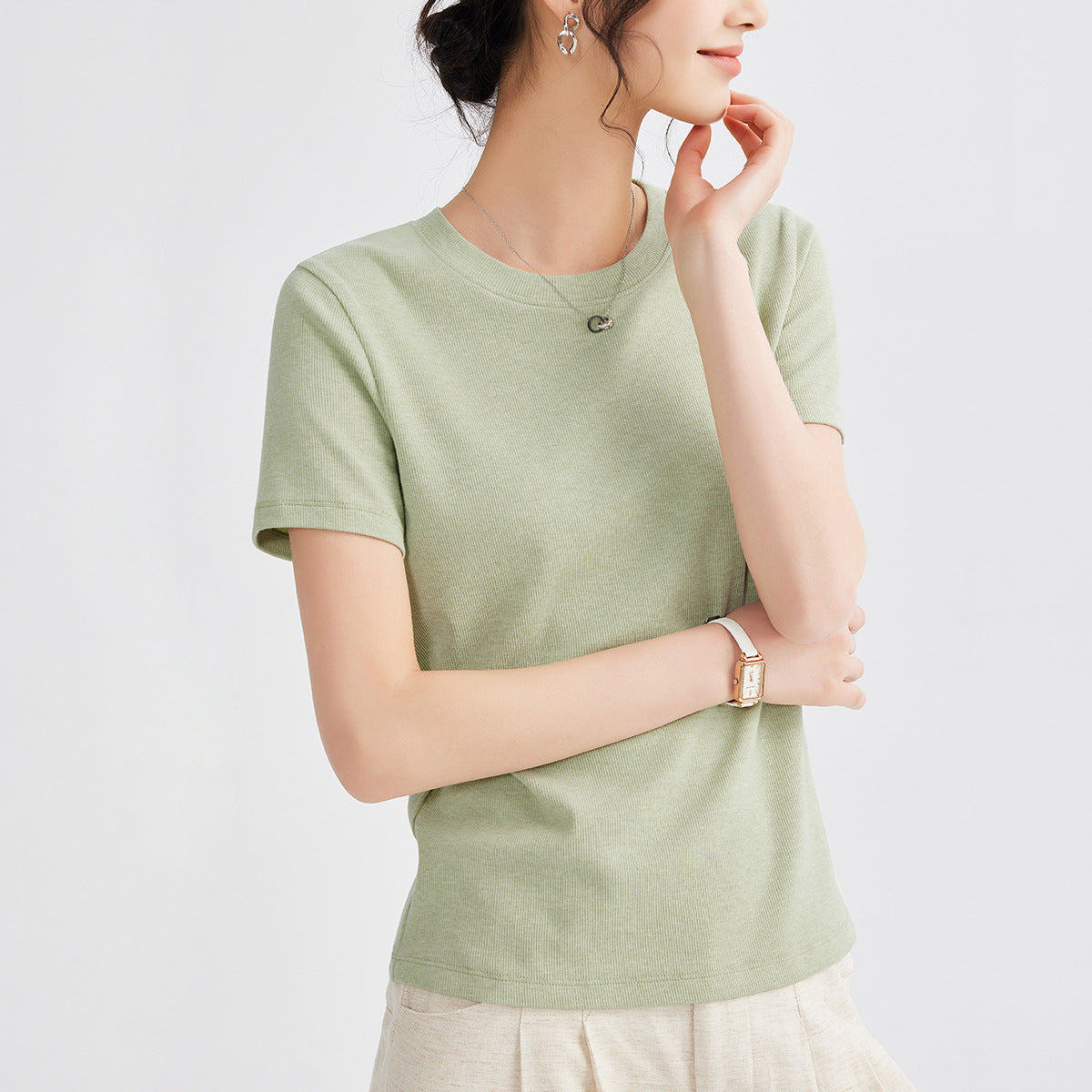 Women's Round Neck Pure Color All-matching Heavy Bamboo Snowflake Cotton T-shirt
