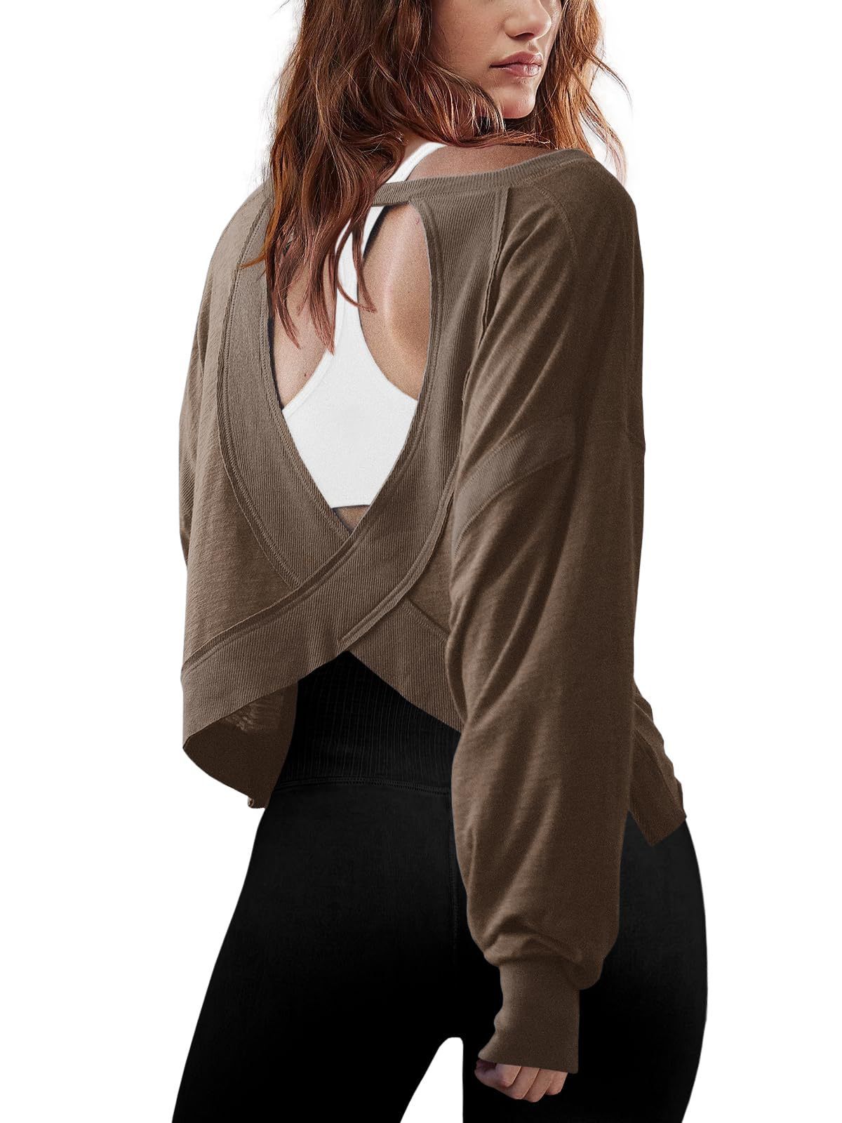 Women's Loose Long-sleeved Backless Top Hollow-out Short Round Neck T-shirt