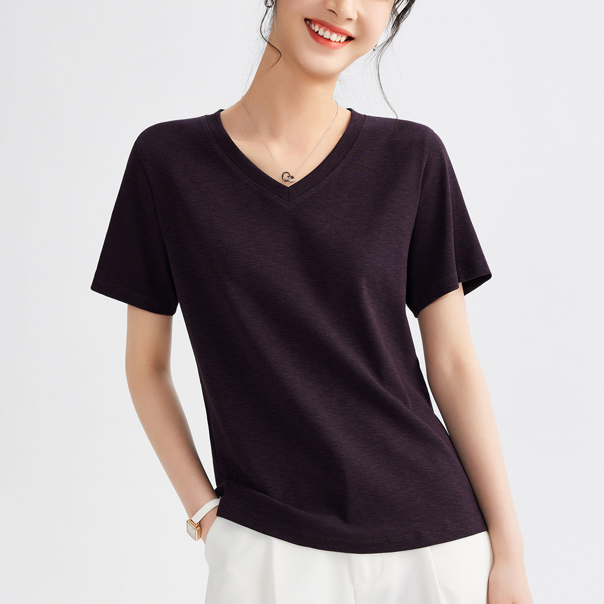 Women's Round Neck Pure Color All-matching Heavy Bamboo Snowflake Cotton T-shirt