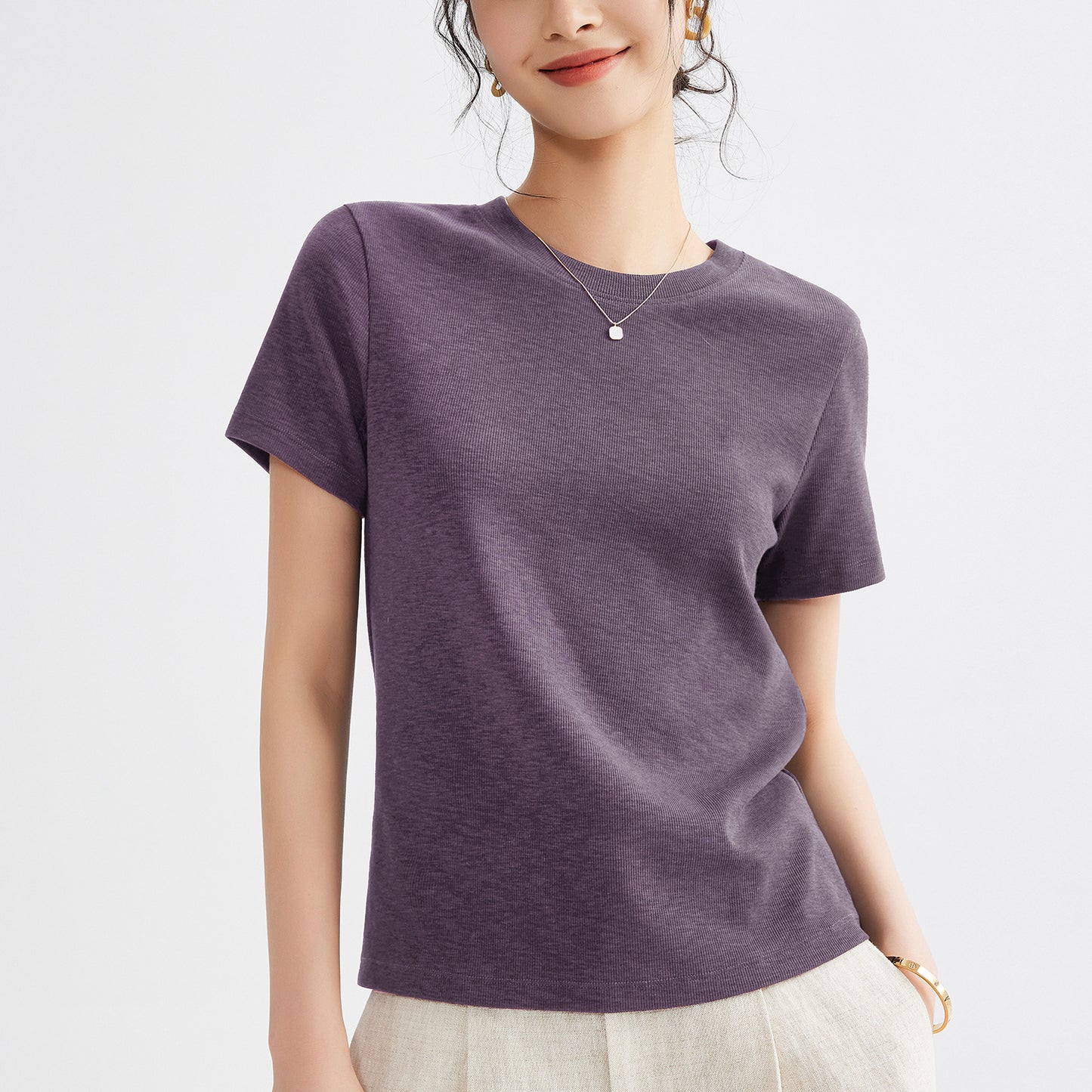 Women's Round Neck Pure Color All-matching Heavy Bamboo Snowflake Cotton T-shirt