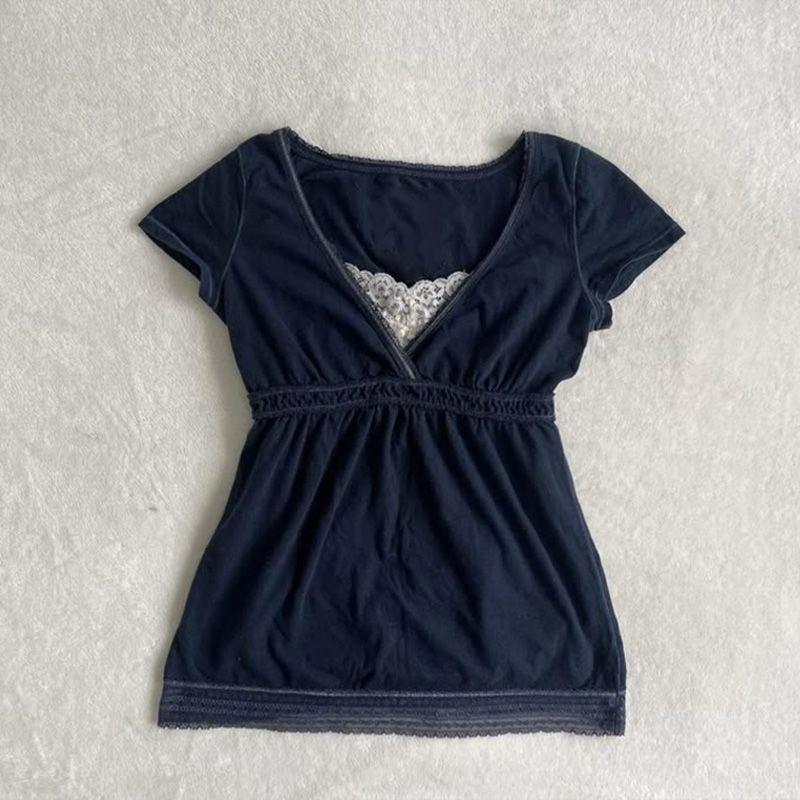 Fashion Color Contrast Polka-dot Cinched Slimming Casual Short-sleeved T-shirt