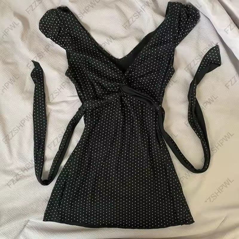 Fashion Color Contrast Polka-dot Cinched Slimming Casual Short-sleeved T-shirt