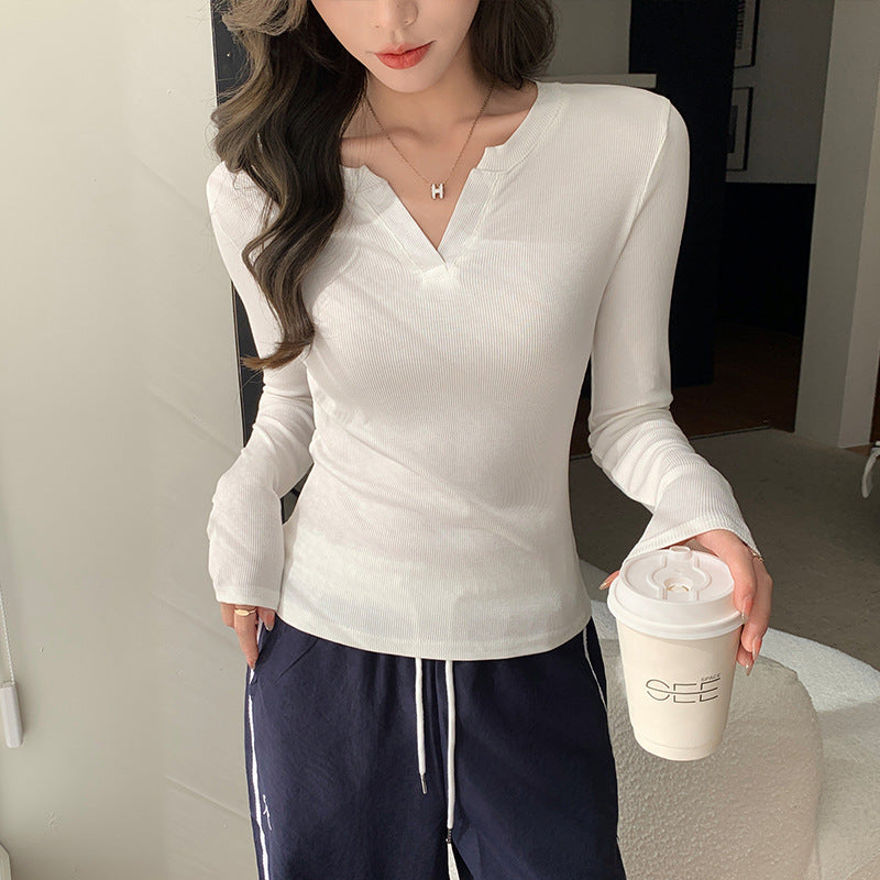 Women's V-neck Bottoming Shirt Early Autumn Winter Thread Fitted
