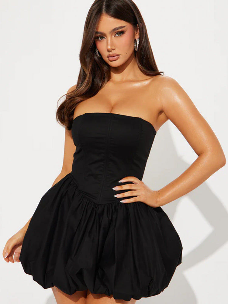 French Style Pure Design Sense Tube Top Cinched Waist Skirt