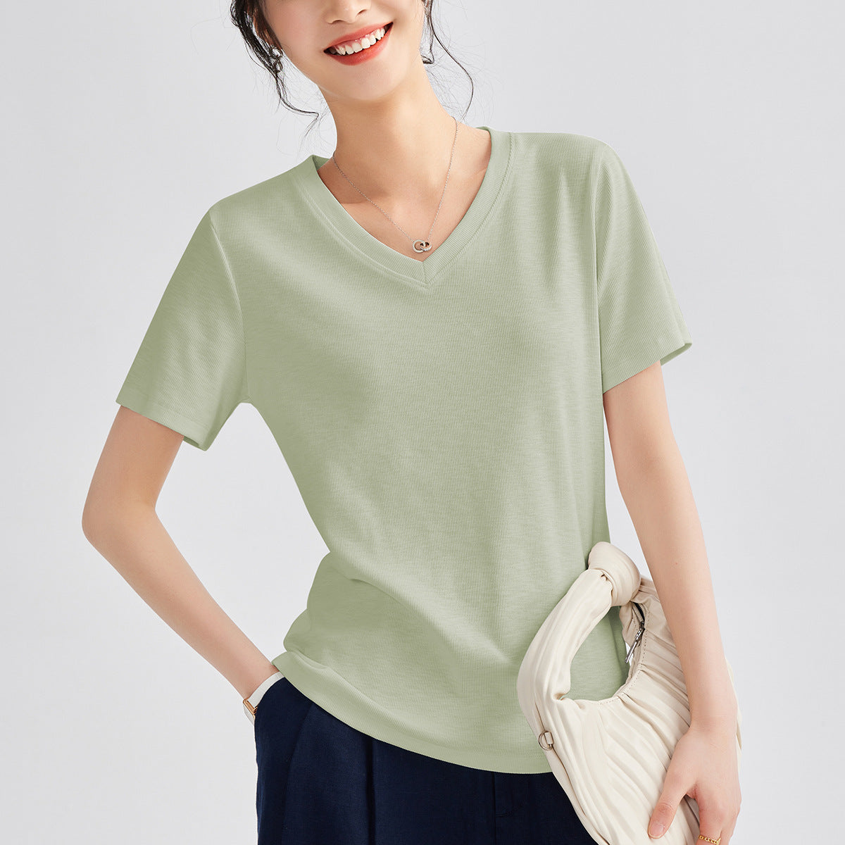 Women's Round Neck Pure Color All-matching Heavy Bamboo Snowflake Cotton T-shirt