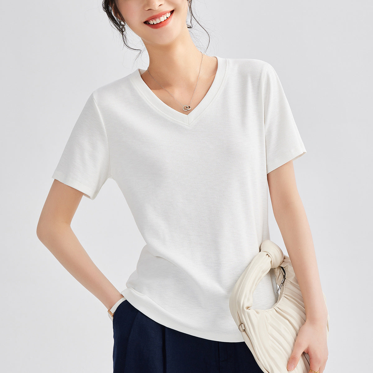 Women's Round Neck Pure Color All-matching Heavy Bamboo Snowflake Cotton T-shirt