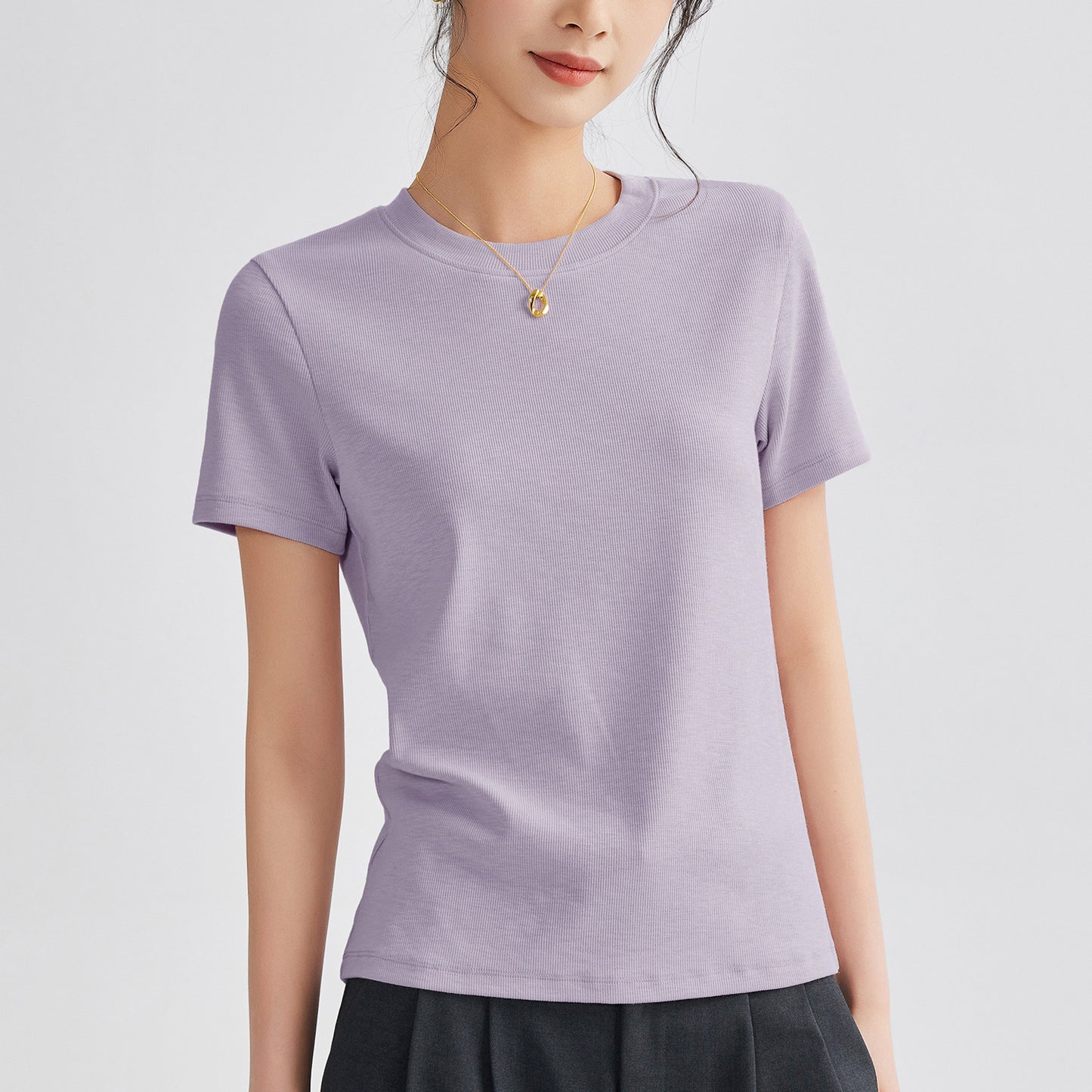 Women's Round Neck Pure Color All-matching Heavy Bamboo Snowflake Cotton T-shirt