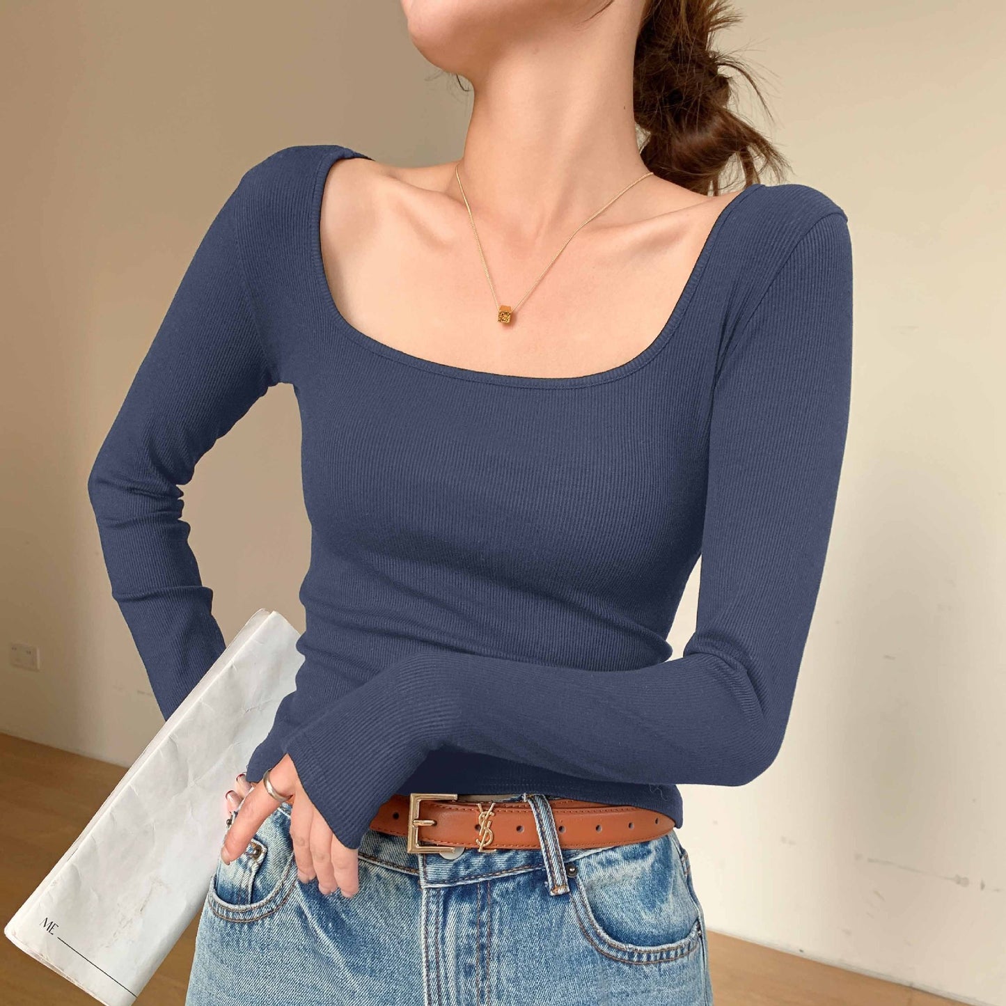 Women's Thread Big U-neck Long-sleeved Top Spring