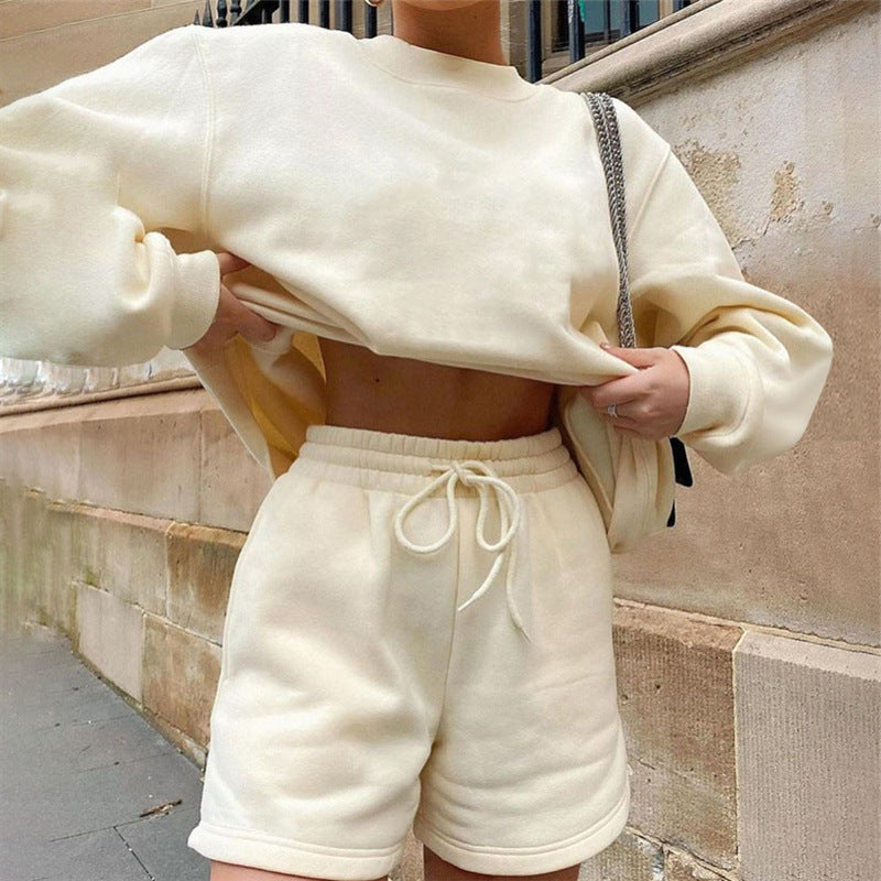 Long Sleeve Shorts Sweater Suit Solid Color Fashion Casual
