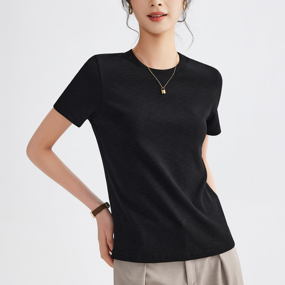 Women's Round Neck Pure Color All-matching Heavy Bamboo Snowflake Cotton T-shirt