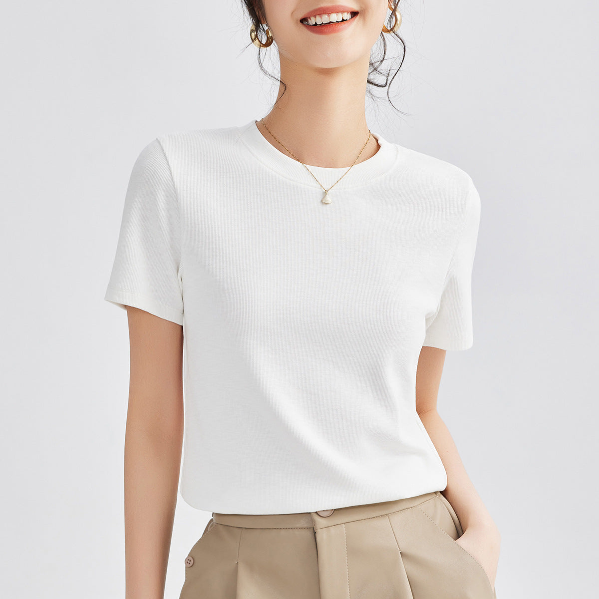 Women's Round Neck Pure Color All-matching Heavy Bamboo Snowflake Cotton T-shirt