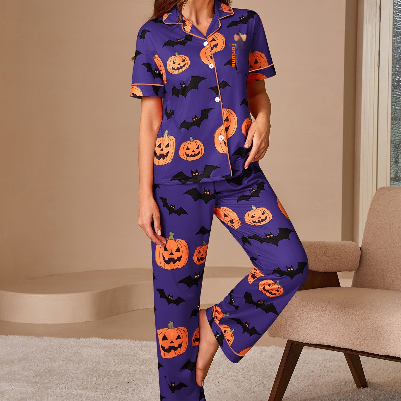 Women's Printed Pajamas Suit Fashionable Short-sleeved Shirt And Trousers
