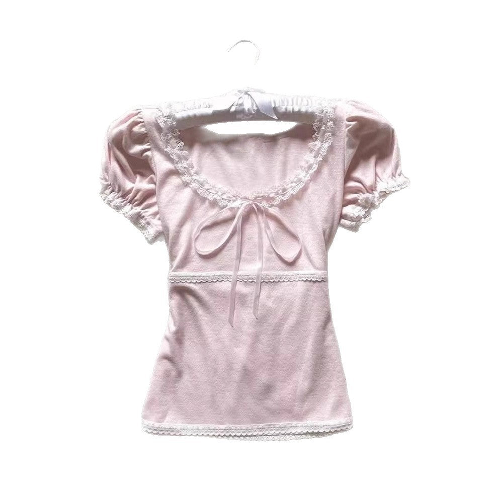French Retro Lace Stitching Bow Top For Women