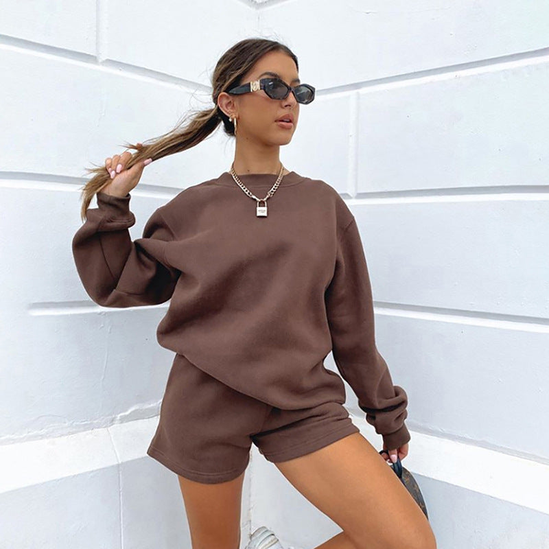 Long Sleeve Shorts Sweater Suit Solid Color Fashion Casual