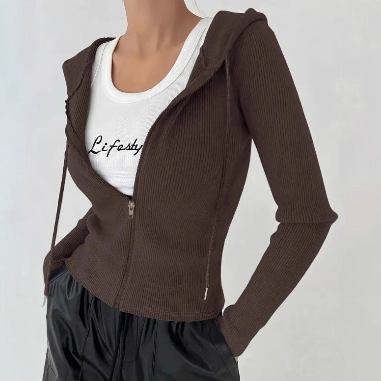 Women's Clothing Slim-fit Zipper Hooded Jacket Coat