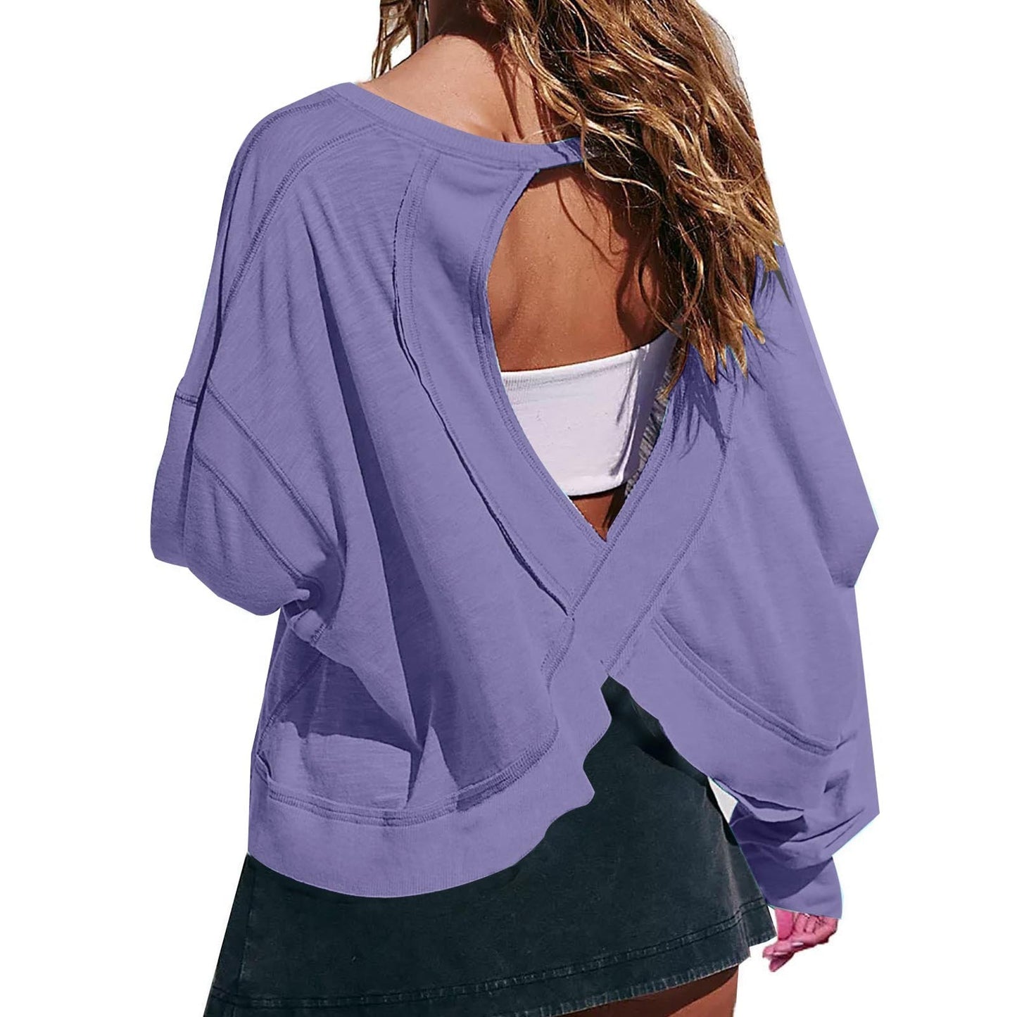 Women's Loose Long-sleeved Backless Top Hollow-out Short Round Neck T-shirt
