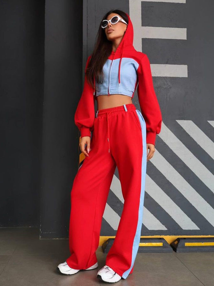 Fashion Casual Sweater Suit Denim Stitching Hooded Top And Trousers Women's Clothing