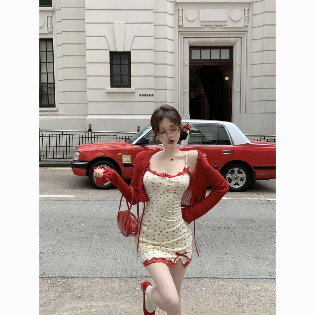 Women's Bow Floral Red Lace Cardigan Coat Lace Skirt