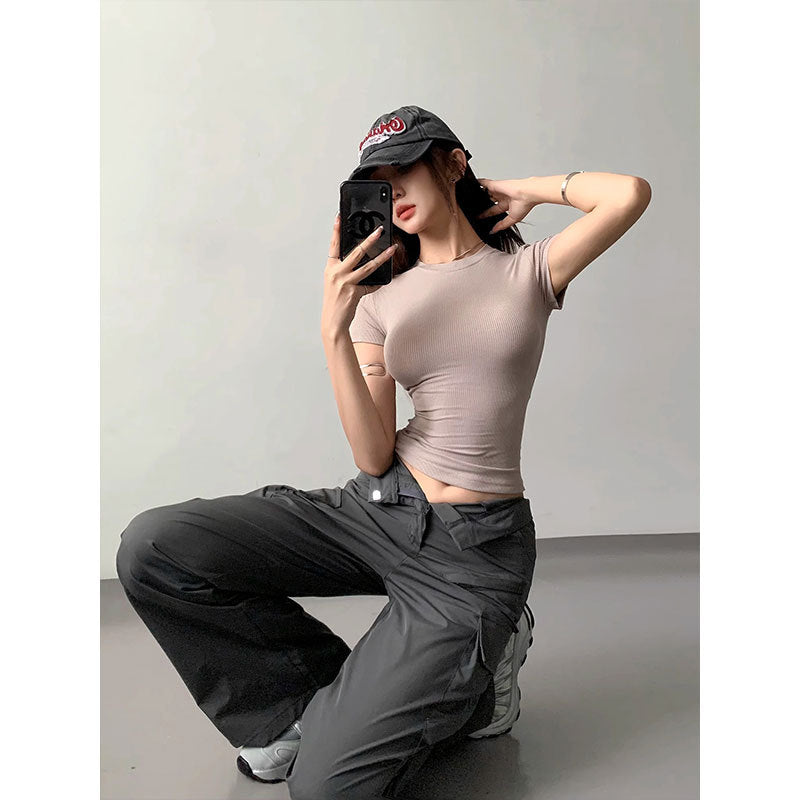 Korean Style Solid Color Shoulder Slim Temperament Casual Short-sleeved Top Women