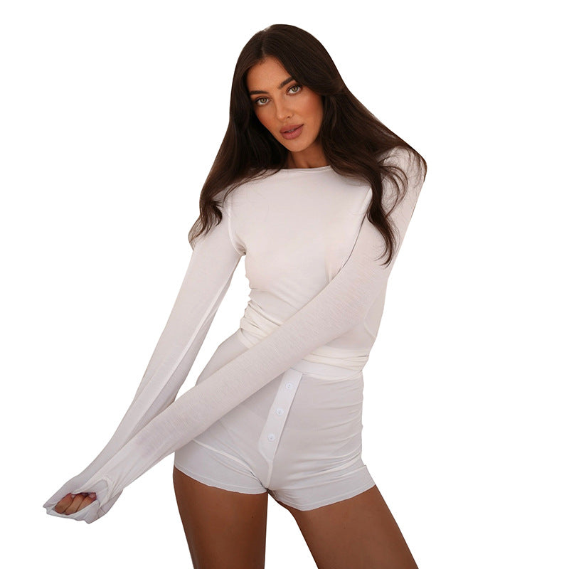 Women's Casual Slim Long Sleeve Top Shorts Suit