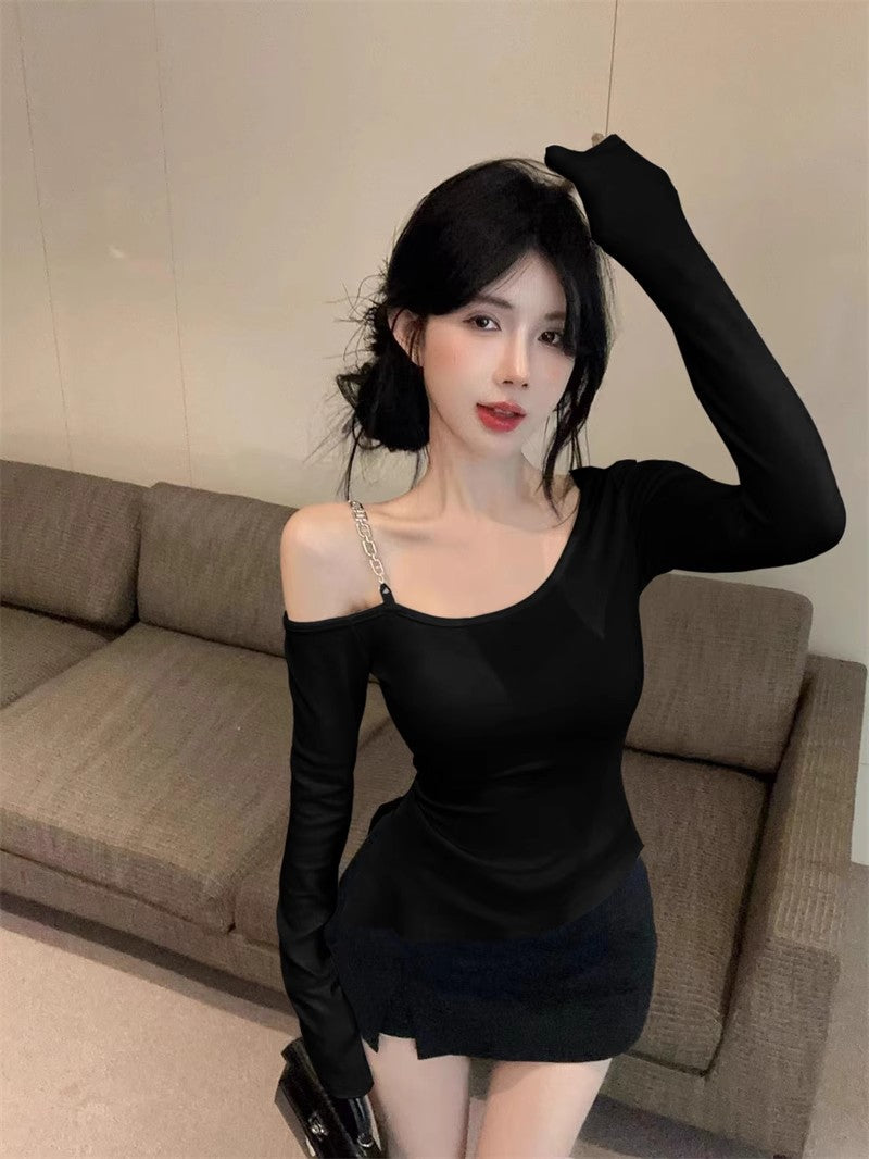Irregular Diagonal Collar Cold-shoulder Bodycon T-shirt Female Fashion Bottoming Shirt