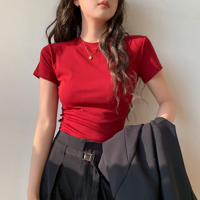 Korean Style Solid Color Shoulder Slim Temperament Casual Short-sleeved Top Women