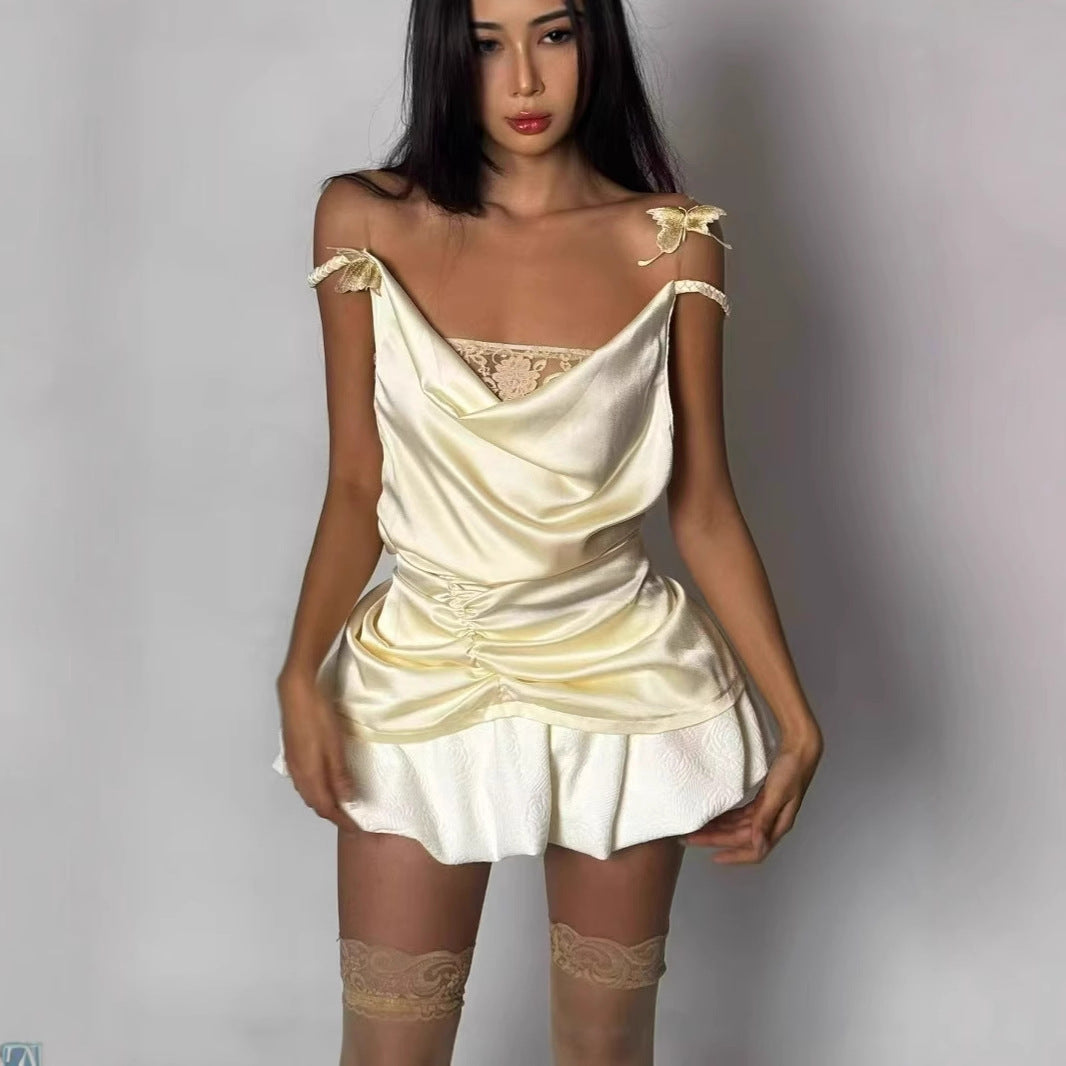 Swing Collar Slim-fit Camisole Top Bud Skirt Outfit