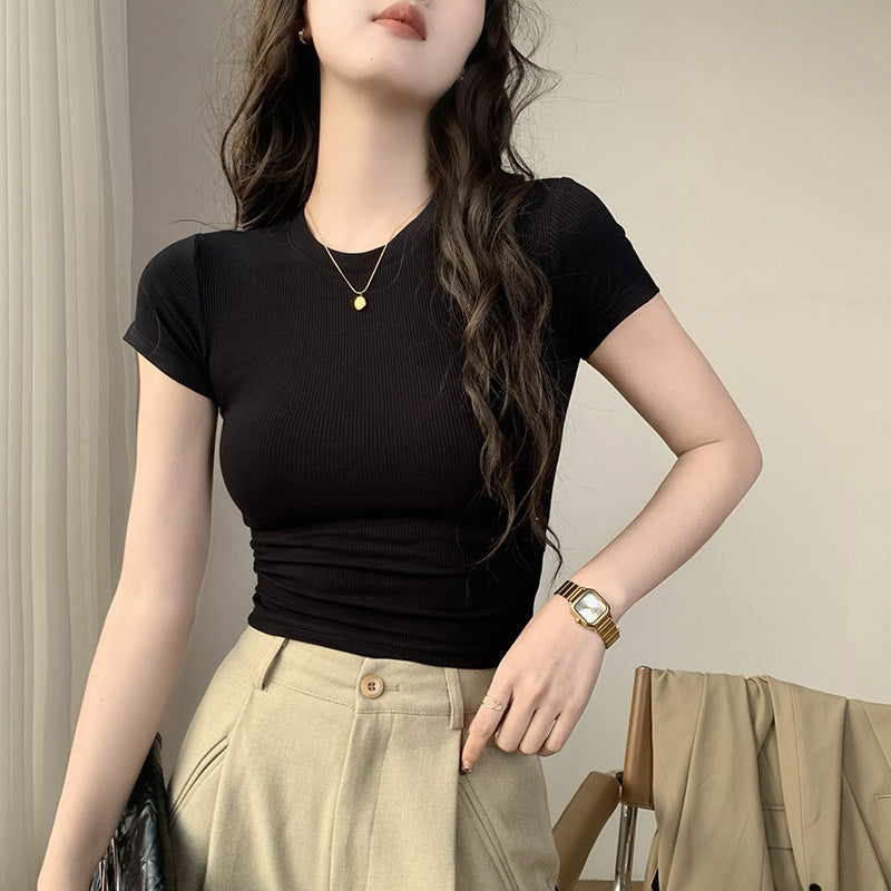 Korean Style Solid Color Shoulder Slim Temperament Casual Short-sleeved Top Women
