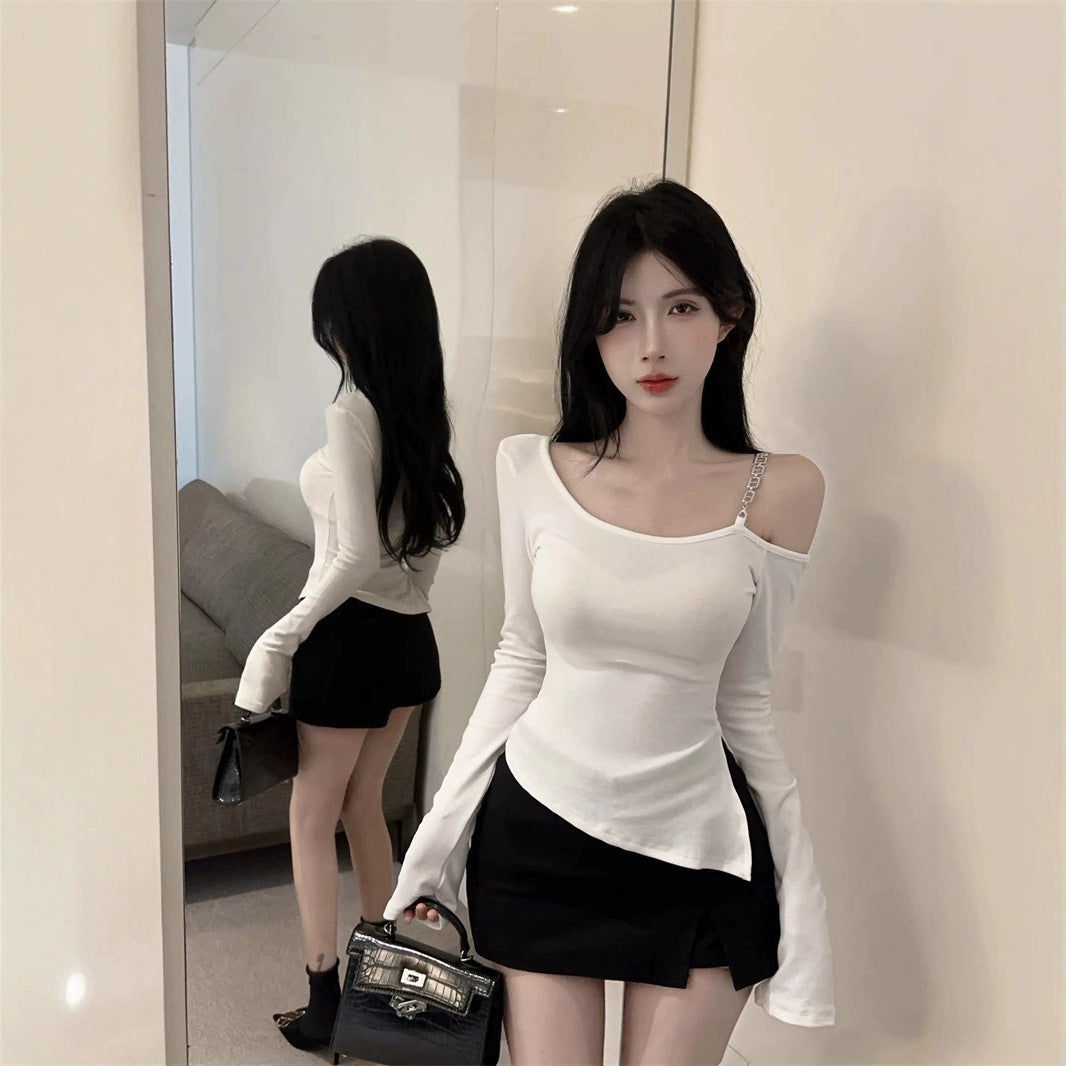 Irregular Diagonal Collar Cold-shoulder Bodycon T-shirt Female Fashion Bottoming Shirt