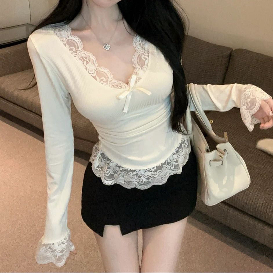 Women's Long-sleeved T-shirt Autumn And Winter New Thread Dralon Slim V-neck Top