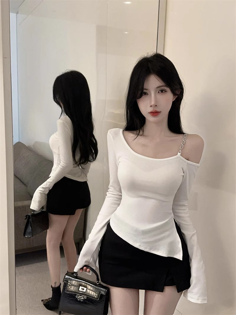 Irregular Diagonal Collar Cold-shoulder Bodycon T-shirt Female Fashion Bottoming Shirt
